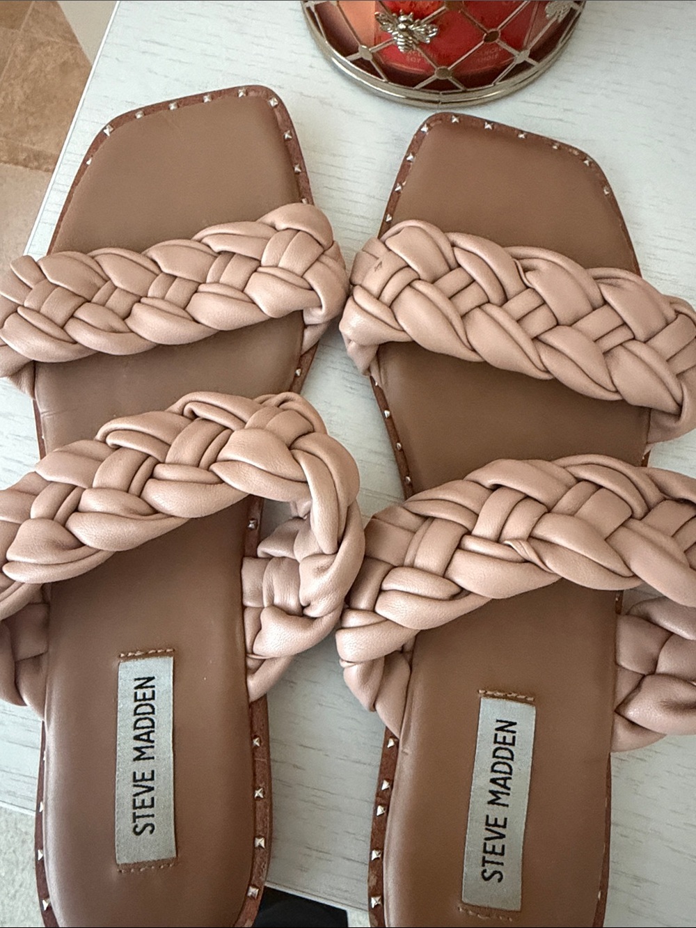 Steve Madden Pink Braided Double-Strap Slide Sandals